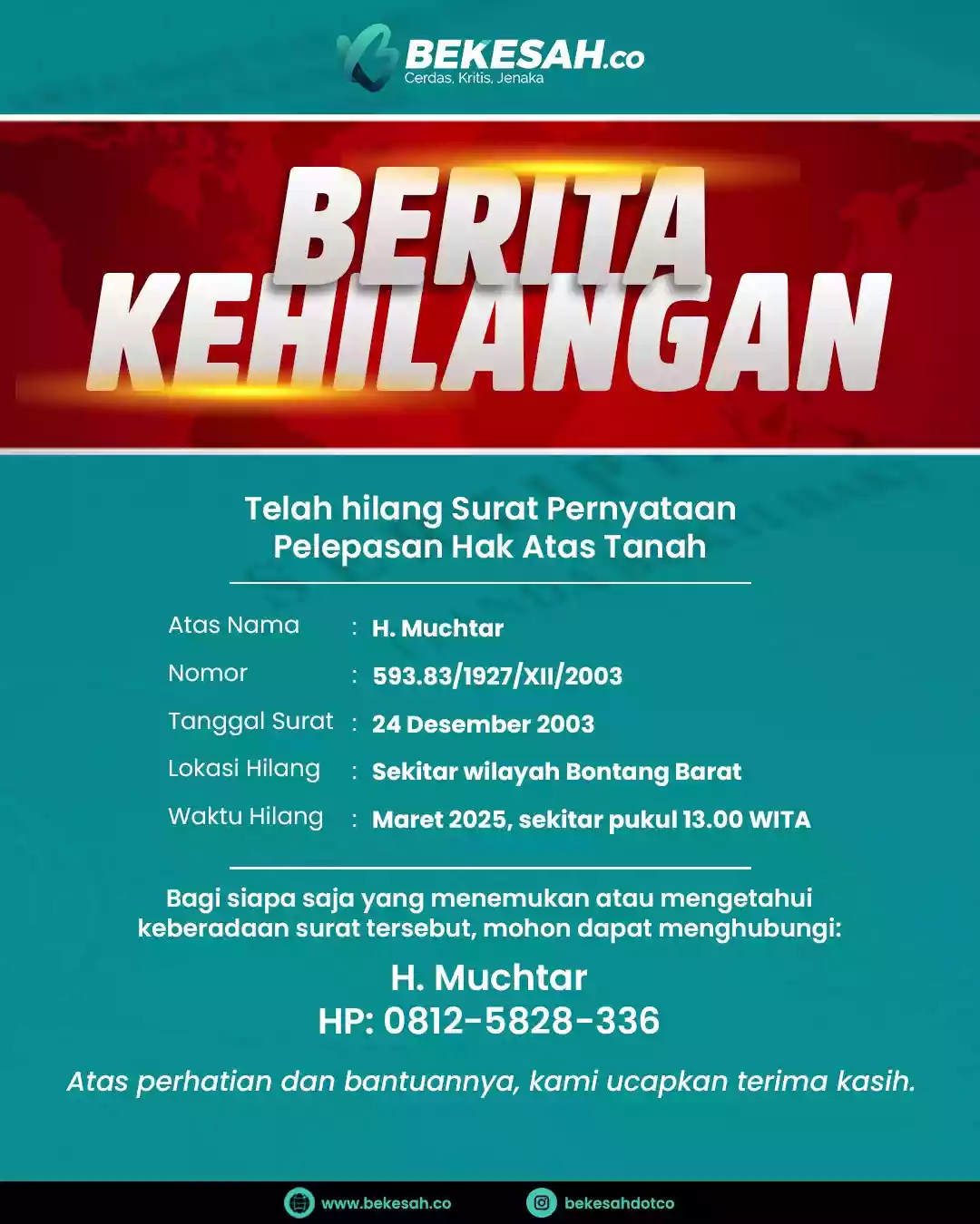 BERITA KEHILANGAN
