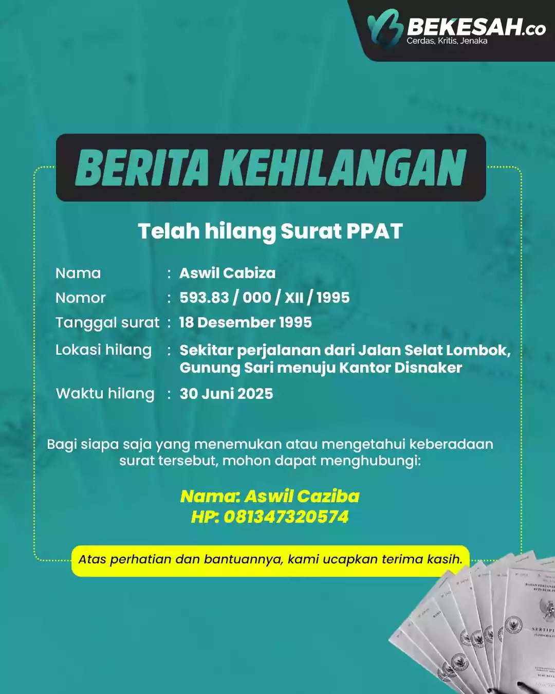 BERITA KEHILANGAN