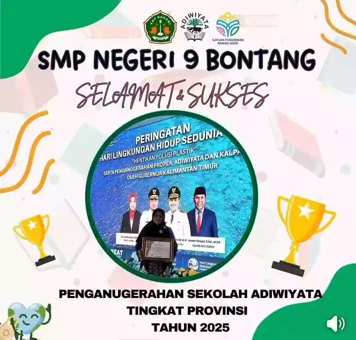 SMP Negeri 9 Bontang Terima Penghargaan Adiwiyata Tingkat Provinsi Kalimantan Timur