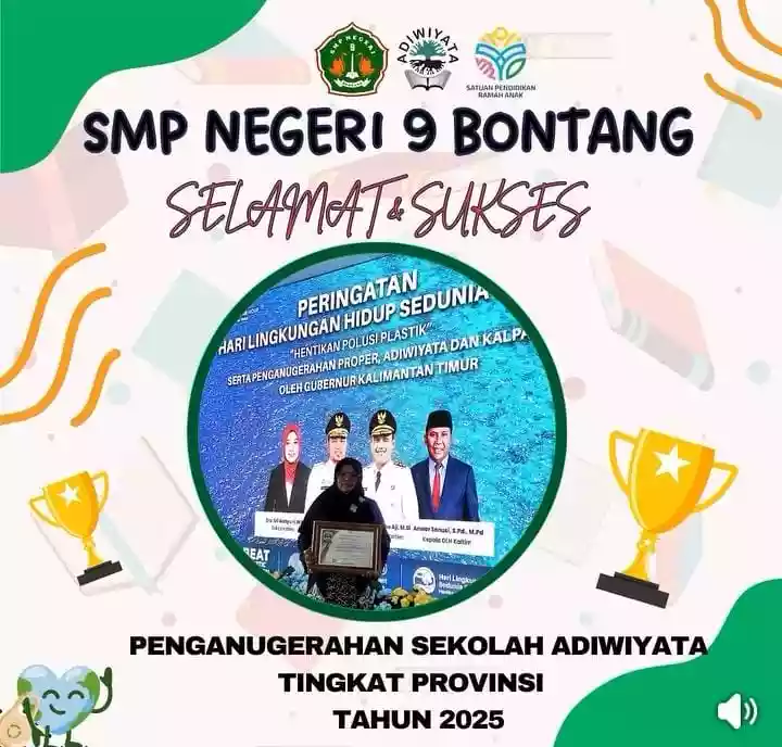 SMP Negeri 9 Bontang Terima Penghargaan Adiwiyata Tingkat Provinsi Kalimantan Timur