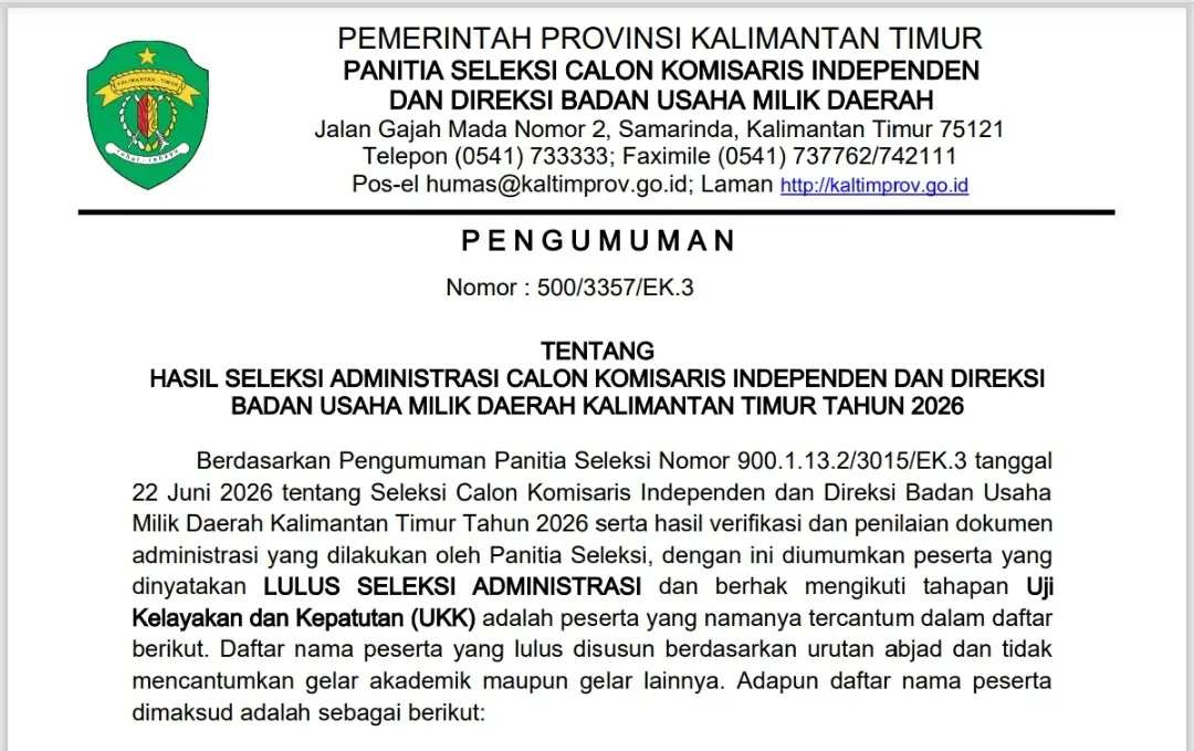 Lolos Seleksi Administrasi, Ini Dia Daftar Calon Komisaris dan Direksi BUMD Kaltim