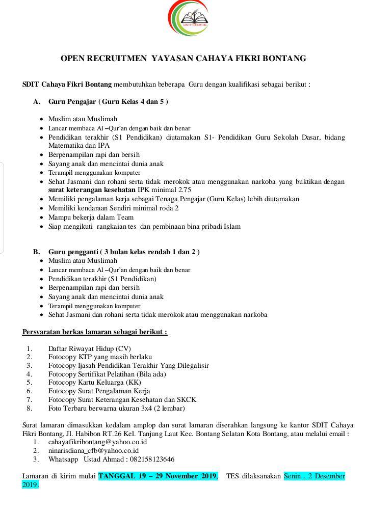 LOKER : Yayasan Cahaya Fikri Bontang